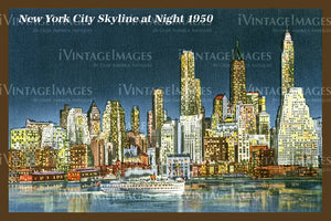 New York City Skyline at Night 1950